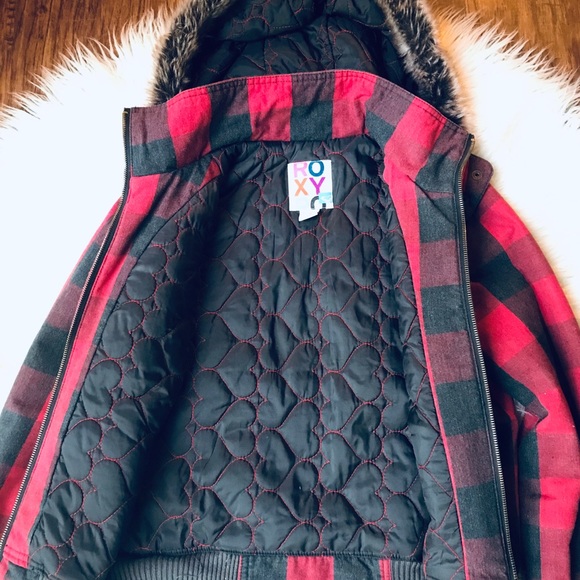 Roxy Jacket Buffalo Plaid Red Brown Fur Trim Small - Picture 10 of 12